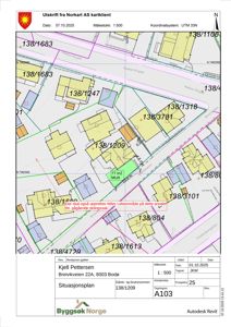 Situasjonsplan som viser eiendomsnummer, bygningstyper, veier og arealdata for en tomt i Bodø.
