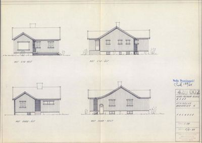 Fasadetegning som viser fire utsnitt av en bygning sett fra ulike vinkler (SØ-VEST, NØ-ØST, NØRD-ØST, NØRD-VEST).