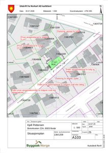 Situasjonsplan som viser eiendomsnummer, arealer, parkering og delingsgrenser for eiendommen Breivikveien 22A.