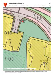 Situasjonskart som viser tomtene (B18, f_U3, 104/280, BY 1), vei (V7) og bygningsplasseringer i området Vålrliveien.