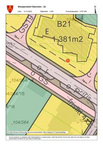 Situasjonskart som viser tomtens plassering (B21) i forhold til veier (Gatuveien, GS19) og nabotomter med arealopplysninger.