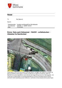 Et situasjonskart eller flyfoto med overlagte tegninger som viser plassering av et avfallsdunker i forhold til veier, parkeringskjeller og friksone.