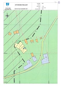 Oversiktskart (situasjonsplan) som viser tomtens beliggenhet i forhold til nabolag, veier og topografi.