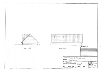Fasadetegning som viser bygningens utseende sett fra sør og øst.
