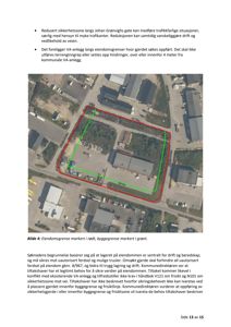 Luftfoto av eiendom med markerte grenser (rødt og grønt) og tilstøtende bygninger og veier.