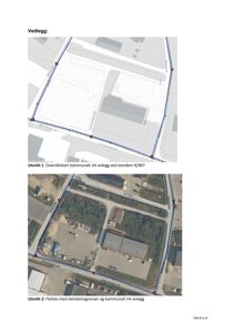 Bildet viser to utsnitt fra en byggesak. Utsnitt 1 er et oversiktskart som viser kommunalt VA-anlegg i forhold til eiendomsgrenser. Utsnitt 2 er et flyfoto (satellittbilde) som viser samme område med bygningsplassering og infrastruktur.