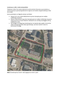 Et flyfoto (satellittbilde) av en tomt med overlagte røde og grønne linjer som markerer eiendomsgrenser og byggegrenser.