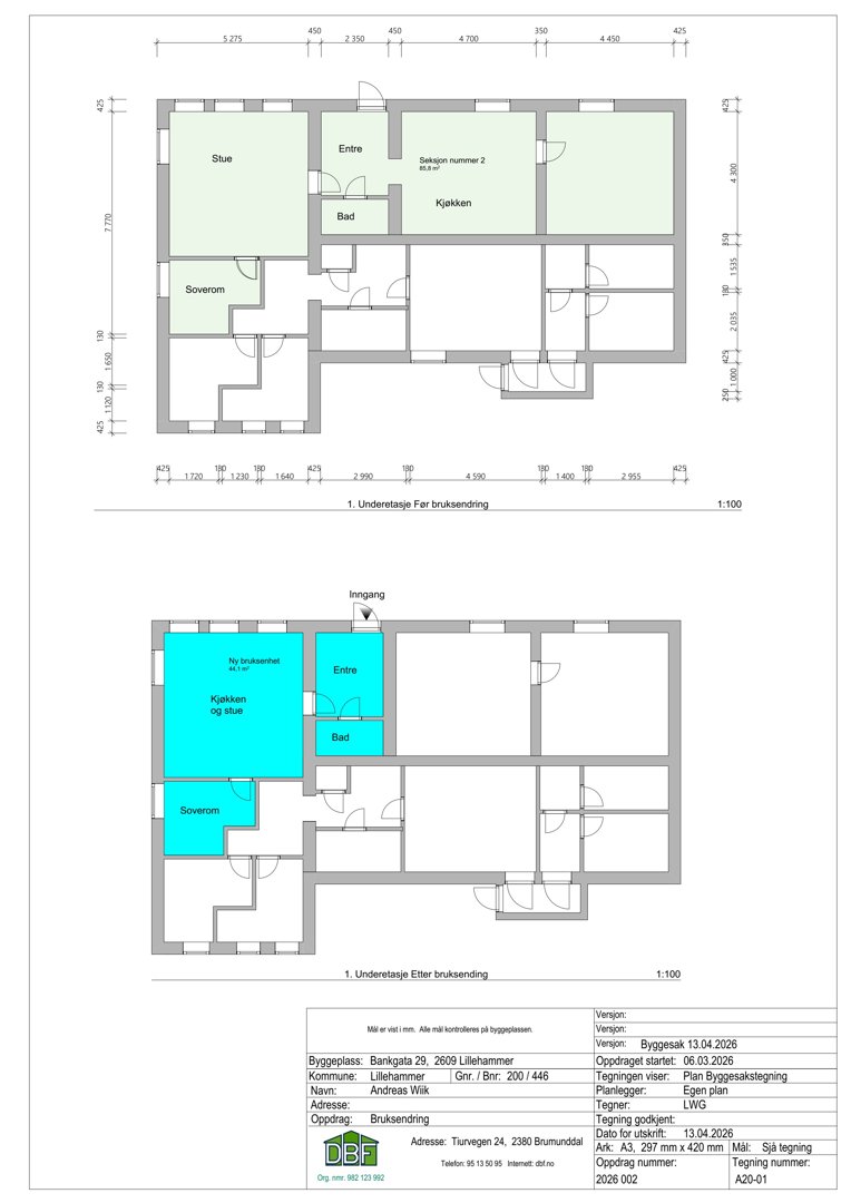 Bildet viser to etasjeplaner (før og etter bruksendring) for en bolig, med romnavn og mål.