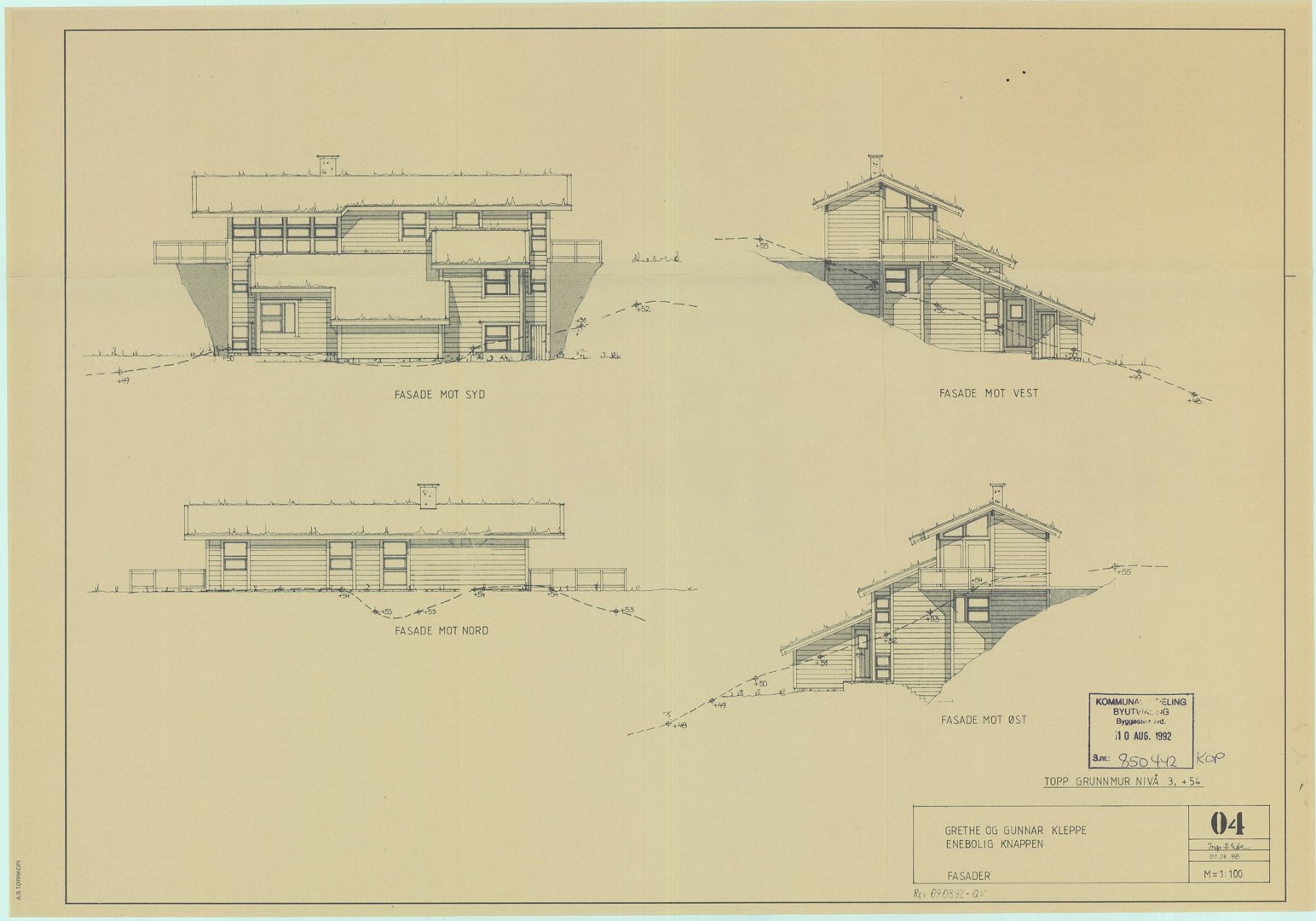 Fasadetegning som viser bygningens utsyn mot de fire hovedretningene (Sør, Vest, Nord, Øst).