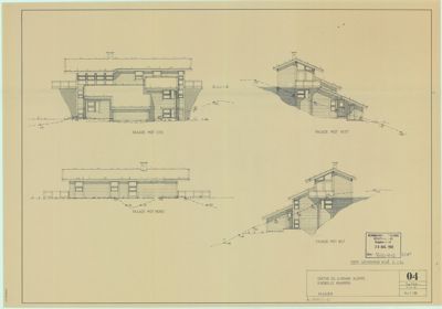 Fasadetegning som viser bygningens utsyn mot de fire hovedretningene (Sør, Vest, Nord, Øst).