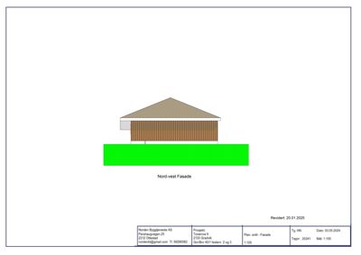Fasadetegning som viser Nord-vest fasaden av en bygning med skråtak og fasadepanel.