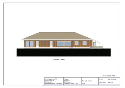 Fasadetegning som viser bygningens utseende fra sør-vest.