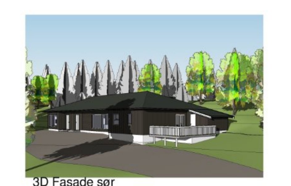 3D-visualisering av en bolig sett fra sør (fasade).