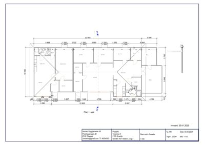 Etasjeplan (Plan 1. asje) med romfordeling, dører, vinduer og mål for en bolig.
