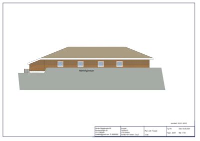 Fasadetegning som viser bygningens utseende fra siden, med tak, vinduer og fasademateriale.