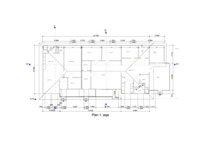 Etasjeplan (Plan 1. asje) som viser romfordeling, vegger, dører og mål for et leilighetsplan.