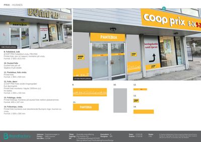 Fotografi av en Coop Prix-butikkfasade med overlappende tekniske notater om profilering og mål.