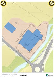 Situasjonsplan som viser tomtens beliggenhet, topografi (konturlinjer), veier, vannløp og plassering av bygninger.