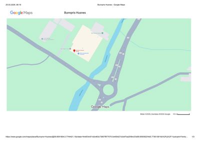 Google Maps-kart som viser lokasjonen til Bunnpris Husnes, inkludert veier, en rundkjøring og vannløp.
