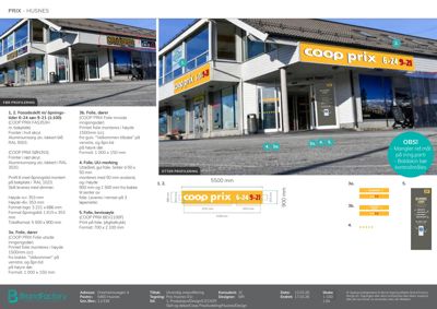 Fasadetegning for Coop Prix-butikken i Husnes som viser detaljeringsplaner, mål og materialvalg.