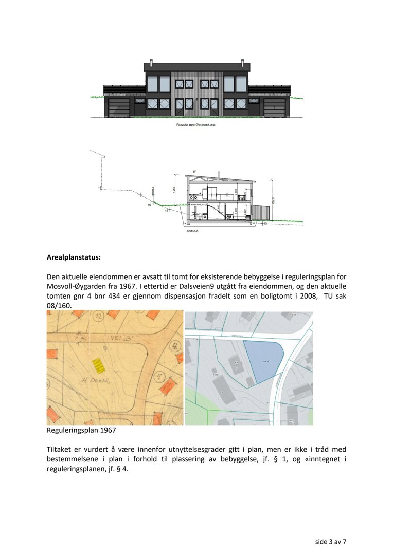 Fotografi av en side fra et byggesaksdokument (side 3 av 7). Siden inneholder en fasadetegning, et snitt, to kart (Reguleringsplan 1967 og en nyere situasjonsplan), samt tekst om arealplanstatus.