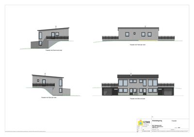 Fasadetegning som viser bygningens utseende fra fire forskjellige retninger (Nord-nord-vest, Vest-sør-vest, Sør-sør-vest, Øst-nord-vest).