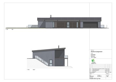 Fasadetegning som viser bygningens utseende sett fra nord og vest.