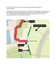 Situasjonsplan eller overvannsplan som viser tomtens form, vegetasjon, og planlagte tiltak for håndtering av overvann (f.eks. flomvei, regnbed).