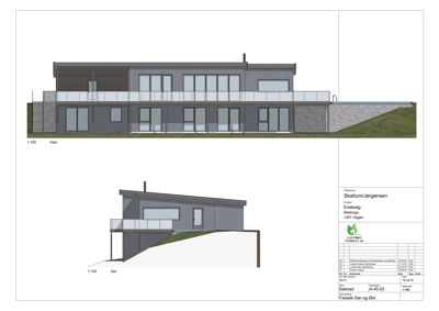 Fasadetegning som viser bygningens utseende fra vest og sør.