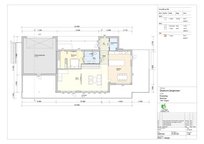 Etasjeplan (1. etasje) med romfordeling, mål og areal for en enebolig.