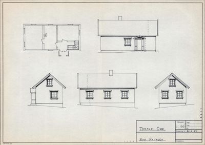 Fasadetegning som viser front- og sideopprikk av en bygning.