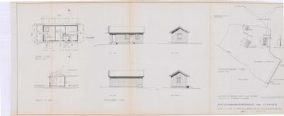 Et sammensatt arkitektonisk ark som viser etasjeplan (PLAN), fasader (FASADER) og snitt (SNITT) av en bygning.