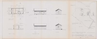 Bildet viser en tegning med fasadeopprikk (oppsett av bygningens utsyn fra utsiden) og en situasjonsplan.