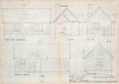 Fasadetegning som viser bygningens utsyn mot vest, øst, syd og nord, samt et snitt.