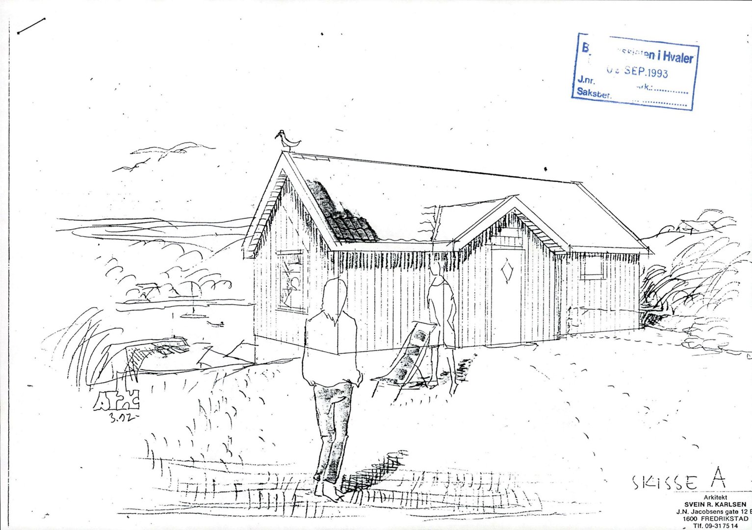 En håndtegnet skisse (rendering) som viser en hytte sett fra en viss vinkel, med omgivelser, en fugl på taket og en person i forgrunnen.