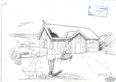 En håndtegnet skisse (rendering) som viser en hytte sett fra en viss vinkel, med omgivelser, en fugl på taket og en person i forgrunnen.