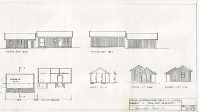 Fasadetegning og snitt for en garasje. Tegningen viser fasader mot vest, øst, nord og syd, samt et snitt (A-A) og en planutsnitt.