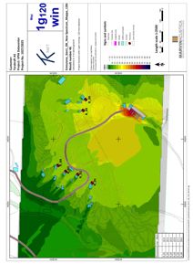 Kart over et område med topografi, bygningsplasseringer og lydmålepunkter (Lden-kart).