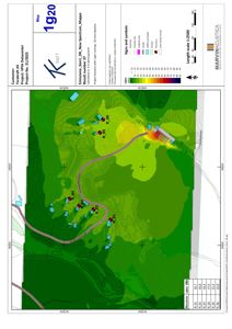 Lydutsprellingskart (Lärm) som viser lydnivåer i området rundt en bygning.