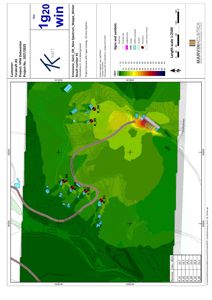 Kart over et område med topografi (konturlinjer), plassering av bygninger (blå rektangler), veier (lilla linje) og målepunkter (røde prikker med ID). Kartet viser også en fargekodet overflate for 'Lden' (lydnivå).