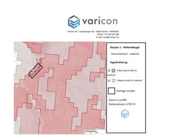 Et kart over et snøskredutsatt område (Hellandsbygd) med tegnforklaring for utslånings- og utløpsområder.