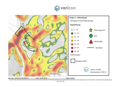 Helningskart med skredberegninger for Stasjon 1 - Hellandsbygd, inkludert tegnforklaring og kartprosjeksjon.