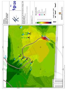 Lydutsprellingskart (Ldén) som viser lydnivåer i området rundt en bygning, med mottakere og topografi.