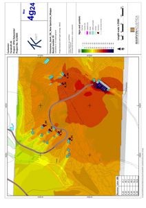 Kart over Låne-nivå (Lden) for et område med en vei og flere mottakere (R_01 til R_06). Kartet viser konturlinjer og fargekoding for lydnivå.