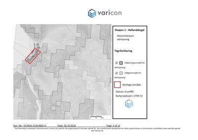 Et aktsomhetskart (situasjonskart) som viser et område med steinsprang, inkludert utslåtnings- og utløpsområder, med kartprosjeksjon UTM 33.