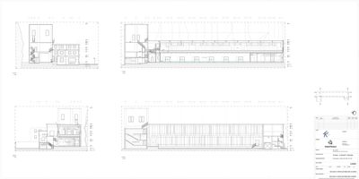 Snittegning som viser tverrsnittet av en bygning med detaljer om innvendig oppbygning, trapper og takkonstruksjon.