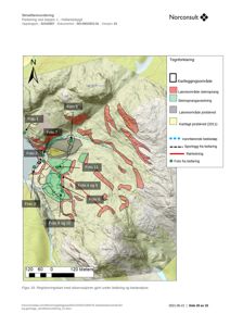 Et registreringskart som viser et terrengområde med markerte områder for steinsprang og jordskred, samt spor etter befaring og rørledning.