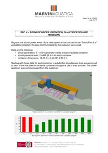 3D-visualisering av en akustisk modellering som viser hvordan lydkilder (dieselgeneratorer i containere) er plassert i forhold til bygninger.