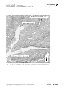 Kart som viser et geografisk område med topografi, vannveier og markerte punkter (målestasjoner) med høydeangivelser. Inneholder også en nordpil og et skalafelt.