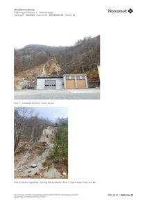 Fotografier av et skred og terreng bak en garasje/parkering.